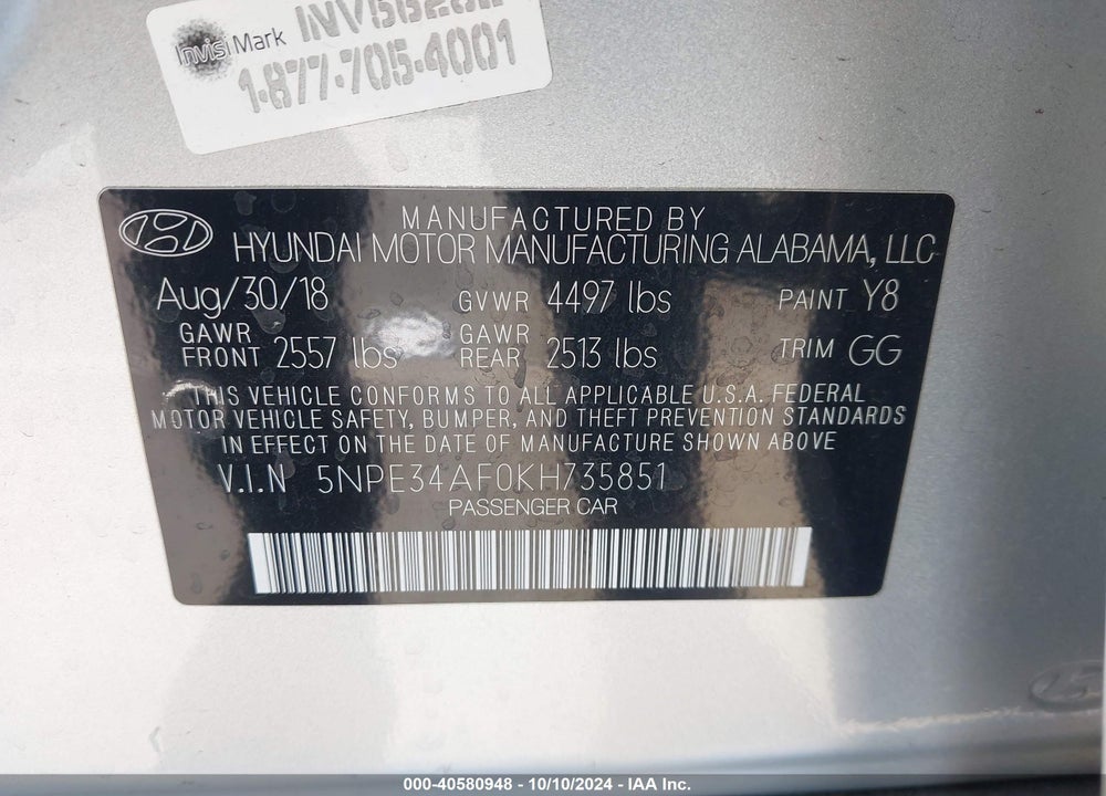 2019 HYUNDAI SONATA SEL VIN: 5NPE34AF0KH735851