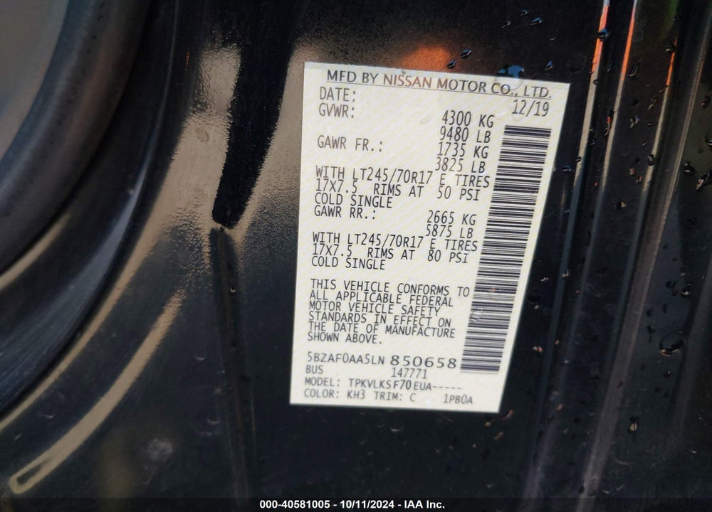 2020 NISSAN NV PASSENGER NV3500 HD SL VIN: 5BZAF0AA5LN850658