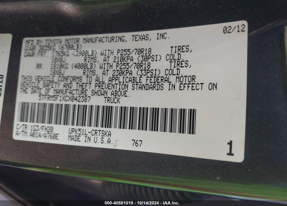 2012 TOYOTA TUNDRA GRADE 4.6L V8 VIN: 5TFRM5F1XCX042387