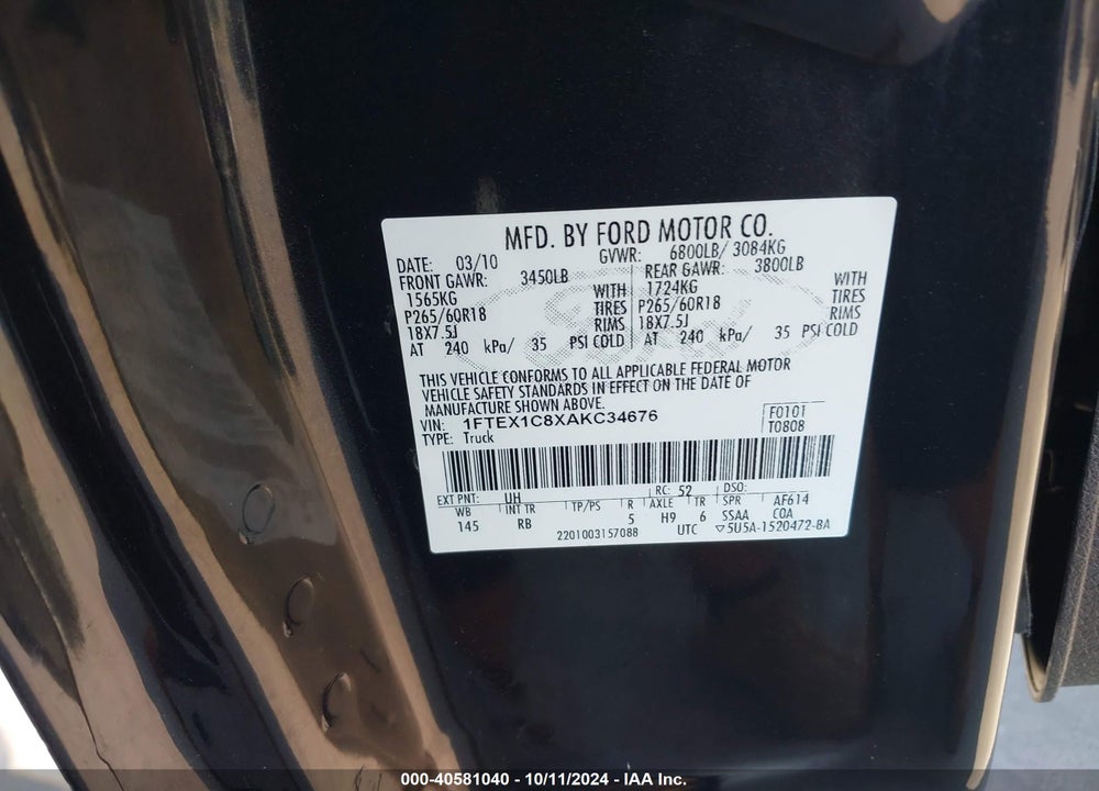 2010 FORD F-150 VIN: 1FTEX1C8XAKC34676