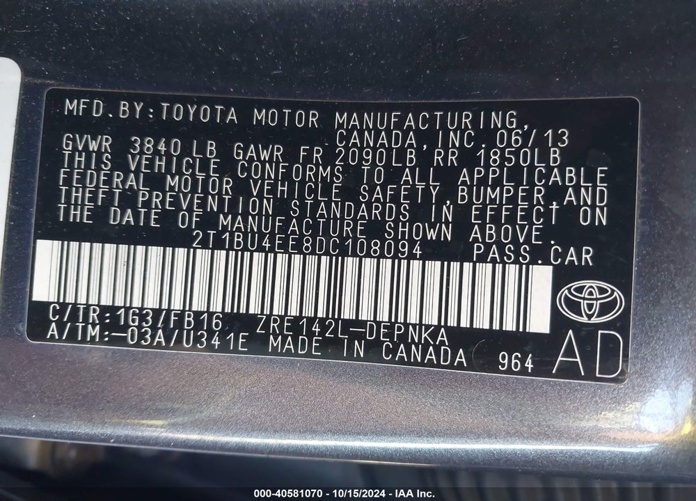 2013 TOYOTA COROLLA LE VIN: 2T1BU4EE8DC108094