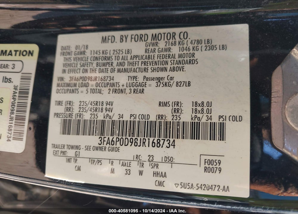 2018 FORD FUSION VIN: 3FA6P0D98JR168734