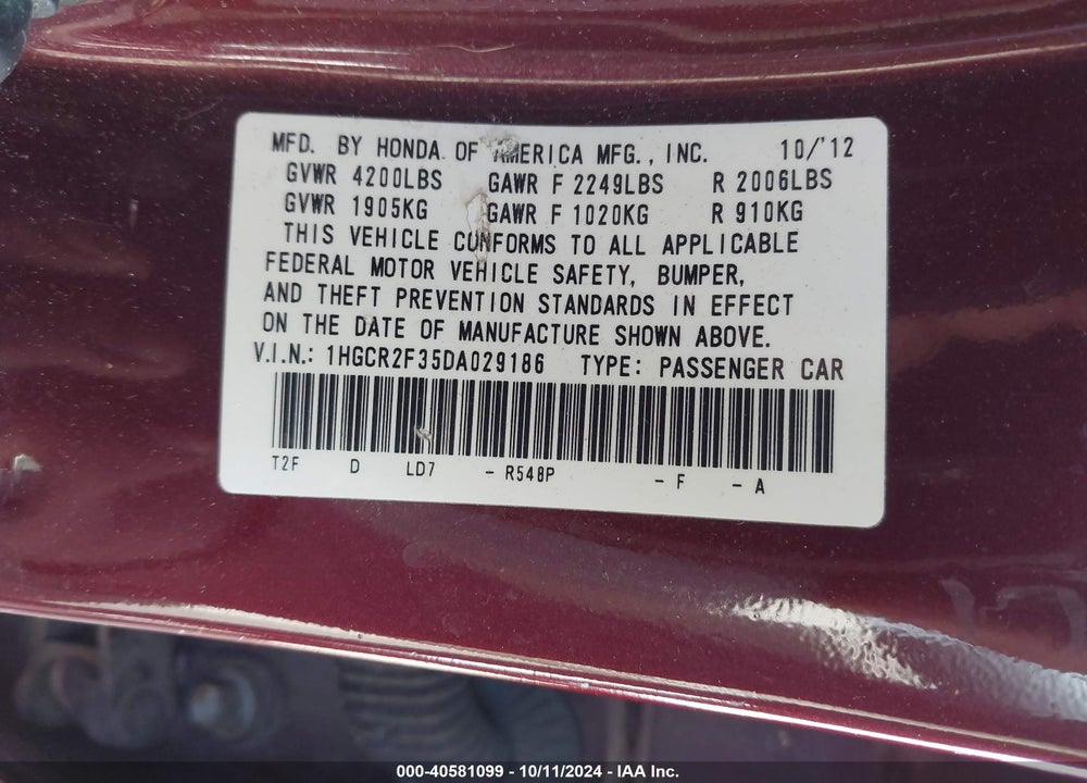2013 HONDA ACCORD LX VIN: 1HGCR2F35DA029186