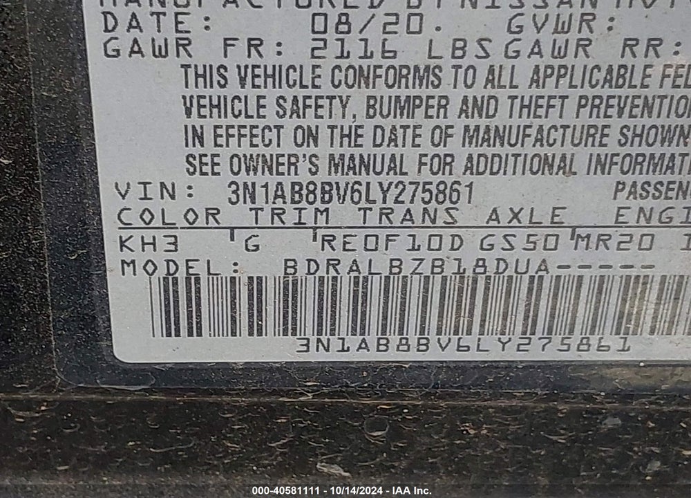 2020 NISSAN SENTRA S XTRONIC CVT VIN: 3N1AB8BV6LY275861
