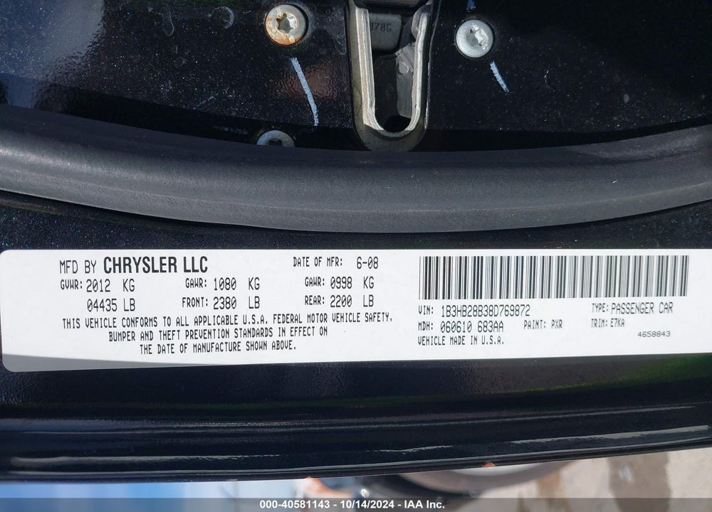 2008 DODGE CALIBER SE VIN: 1B3HB28B38D769872