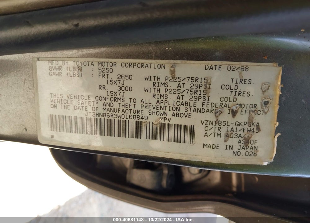 1998 TOYOTA 4RUNNER SR5 VIN: JT3HN86R3W0168849