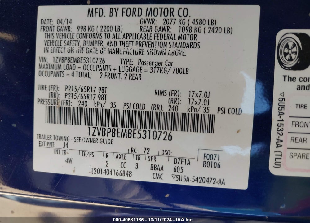 2014 FORD MUSTANG V6 PREMIUM VIN: 1ZVBP8EM8E5310726