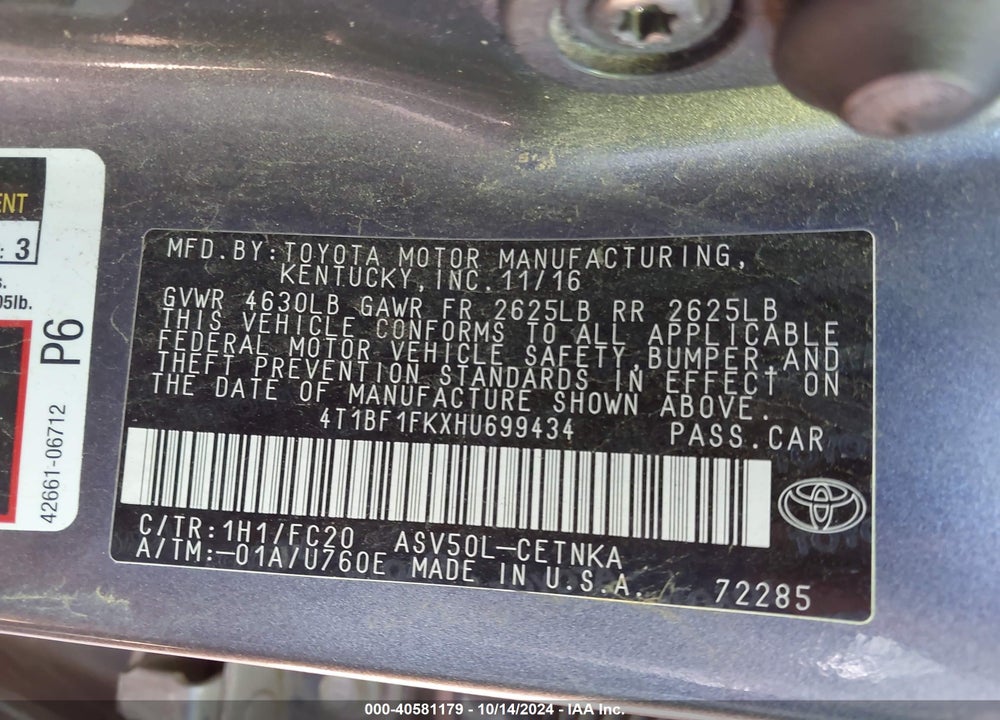2017 TOYOTA CAMRY LE VIN: 4T1BF1FKXHU699434