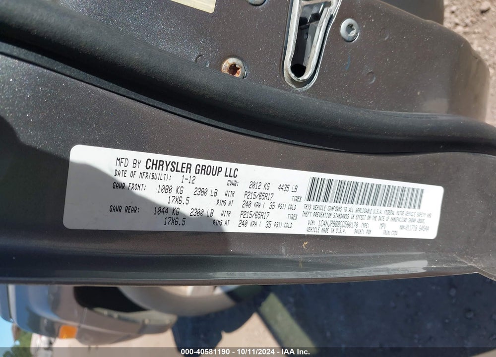 2012 JEEP PATRIOT SPORT VIN: 1C4NJPBB8CD580170