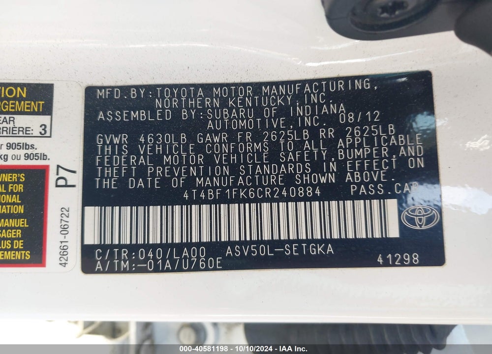 2012 TOYOTA CAMRY XLE VIN: 4T4BF1FK6CR240884