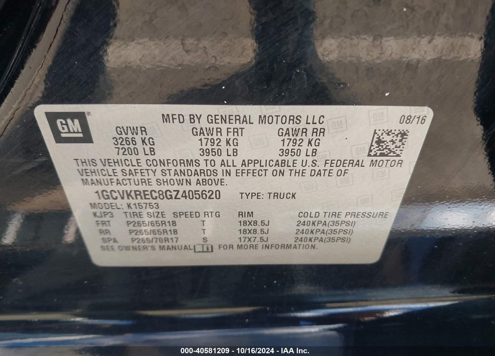 2016 CHEVROLET SILVERADO 1500 VIN: 1GCVKREC8GZ405620