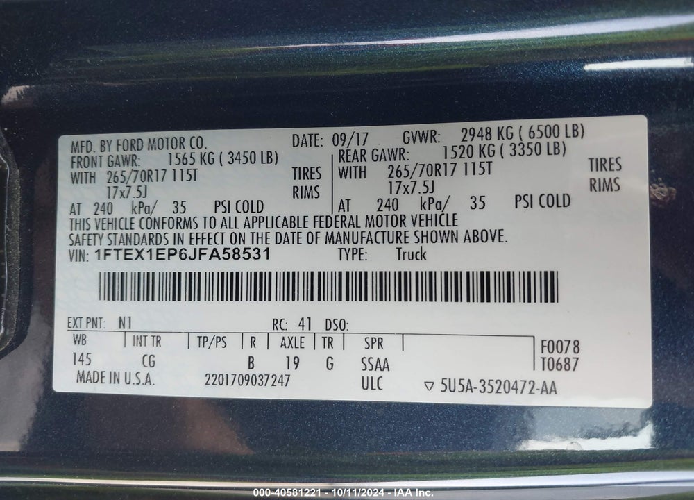 2018 FORD F-150 XL VIN: 1FTEX1EP6JFA58531