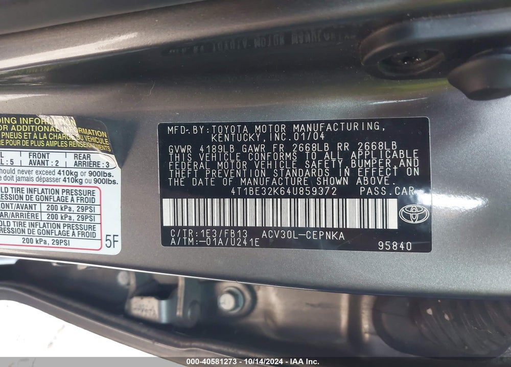 2004 TOYOTA CAMRY LE VIN: 4T1BE32K64U859372