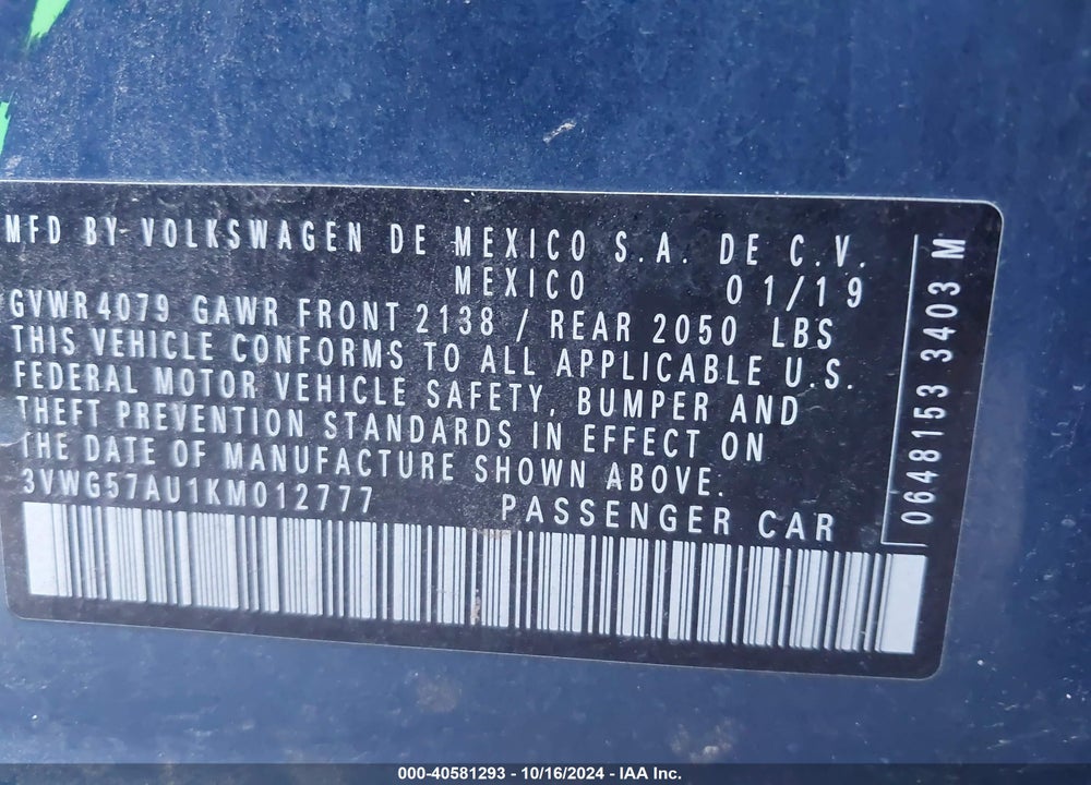 2019 VOLKSWAGEN GOLF 1.4T S/1.4T SE VIN: 3VWG57AU1KM012777