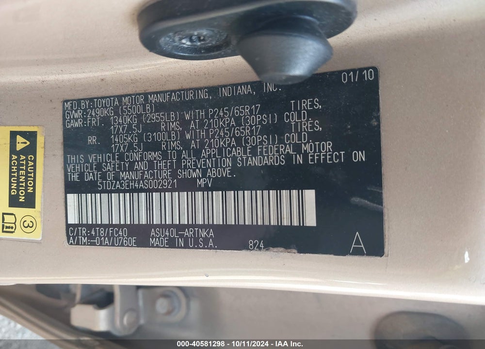 2010 TOYOTA HIGHLANDER VIN: 5TDZA3EH4AS002921