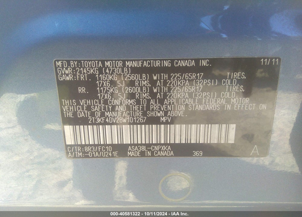 2011 TOYOTA RAV4 VIN: 2T3KF4DV2BW101267