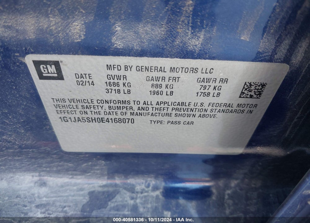 2014 CHEVROLET SONIC LS AUTO VIN: 1G1JA5SH0E4168070