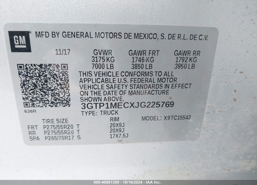 2018 GMC SIERRA 1500 SLE VIN: 3GTP1MECXJG225769