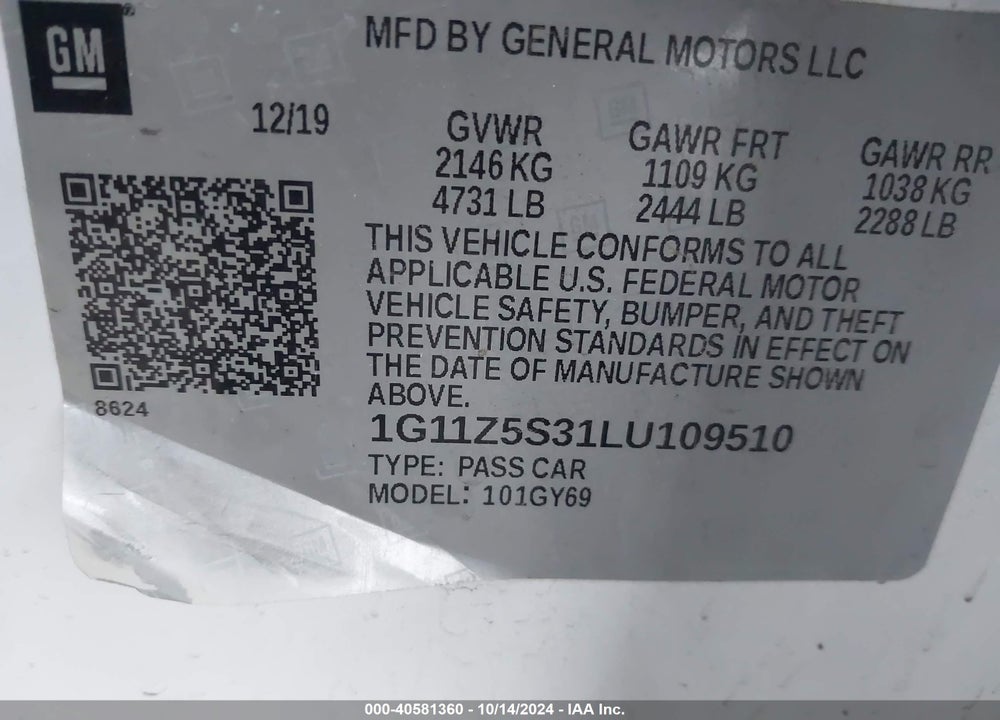 2020 CHEVROLET IMPALA FWD LT VIN: 1G11Z5S31LU109510