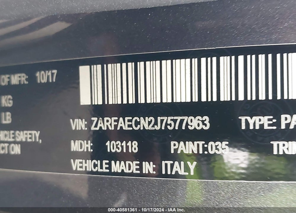 2018 ALFA ROMEO GIULIA TI SPORT RWD VIN: ZARFAECN2J7577963