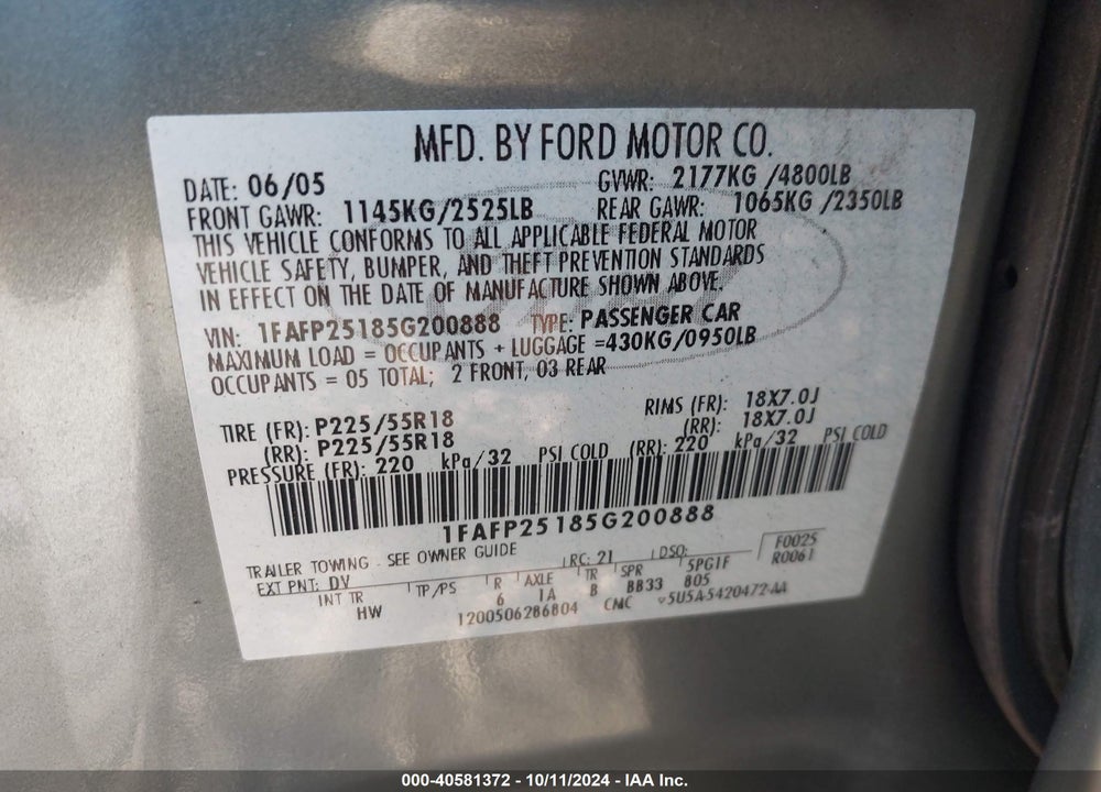 2005 FORD FIVE HUNDRED LIMITED VIN: 1FAFP25185G200888