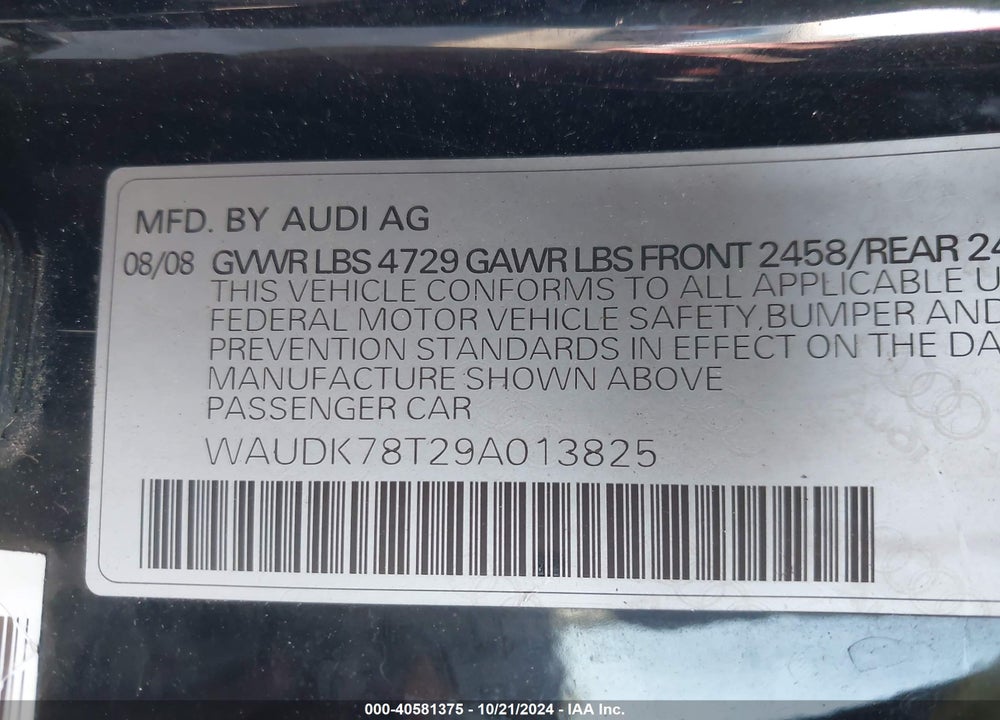 2009 AUDI A5 3.2L VIN: WAUDK78T29A013825