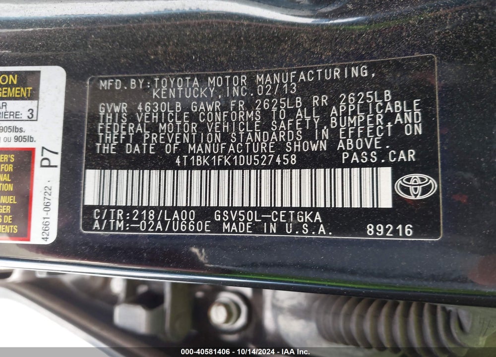 2013 TOYOTA CAMRY XLE V6 VIN: 4T1BK1FK1DU527458
