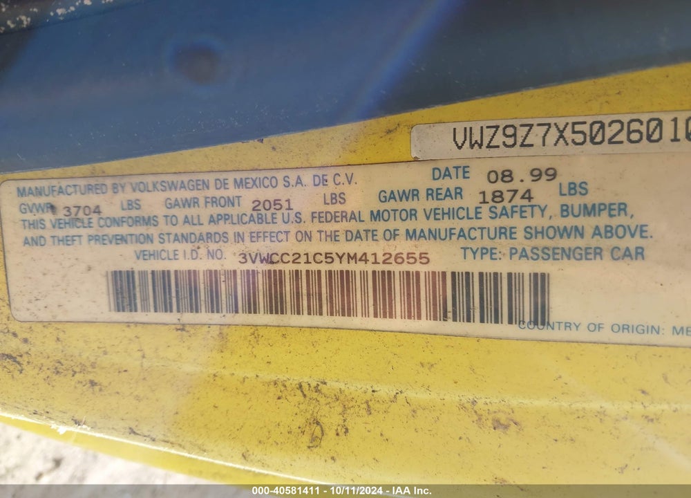 2000 VOLKSWAGEN NEW BEETLE GLS VIN: 3VWCC21C5YM412655