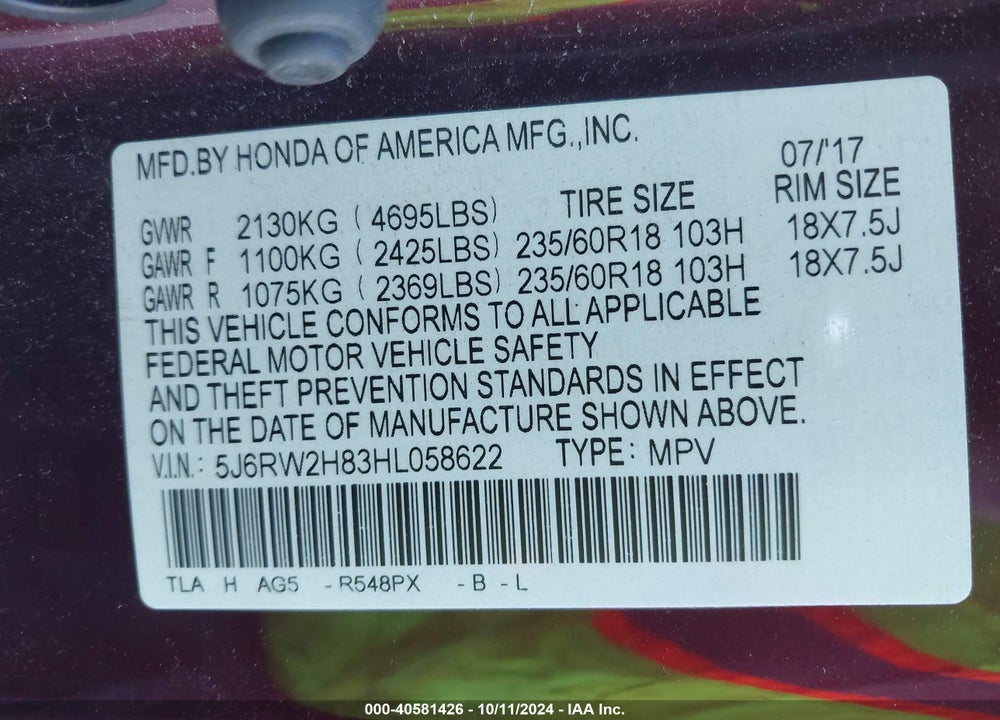 2017 HONDA CR-V VIN: 5J6RW2H83HL058622