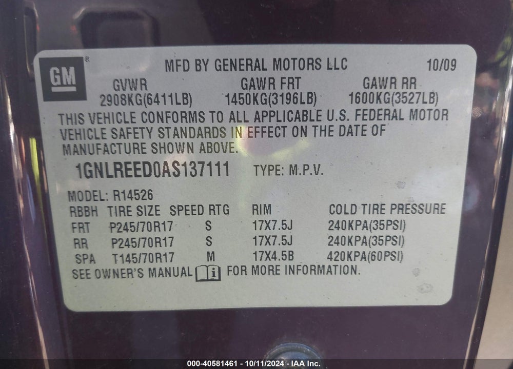 2010 CHEVROLET TRAVERSE LS VIN: 1GNLREED0AS137111