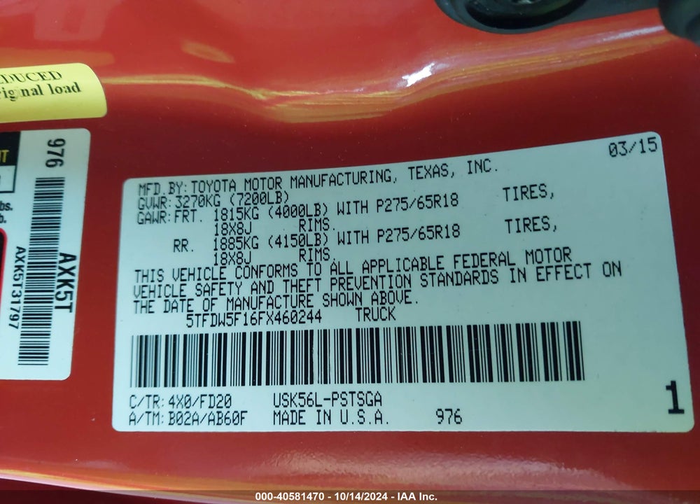 2015 TOYOTA TUNDRA TRD PRO 5.7L V8 VIN: 5TFDW5F16FX460244