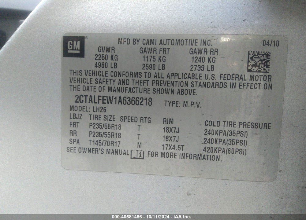 2010 GMC TERRAIN SLT-1 VIN: 2CTALFEW1A6366218
