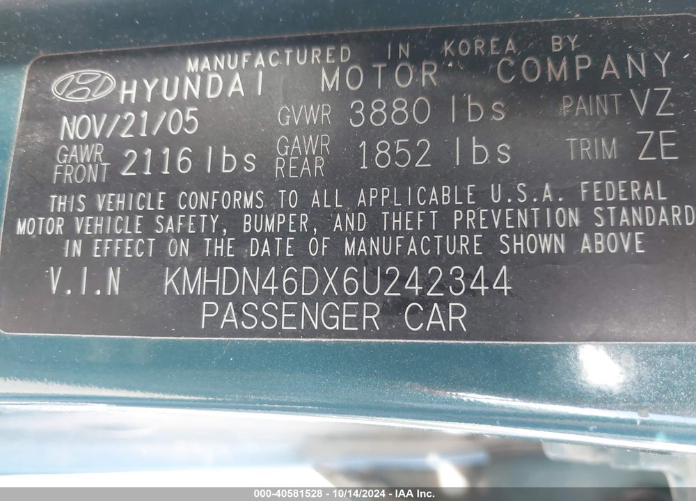 2006 HYUNDAI ELANTRA GLS/LIMITED VIN: KMHDN46DX6U242344