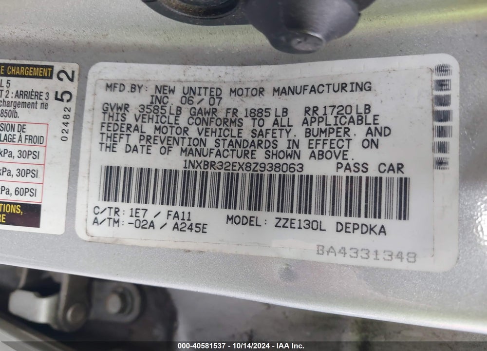 2008 TOYOTA COROLLA CE VIN: 1NXBR32EX8Z938063