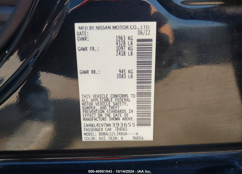 2022 NISSAN ALTIMA SR FWD VIN: 1N4BL4CV7NN393655
