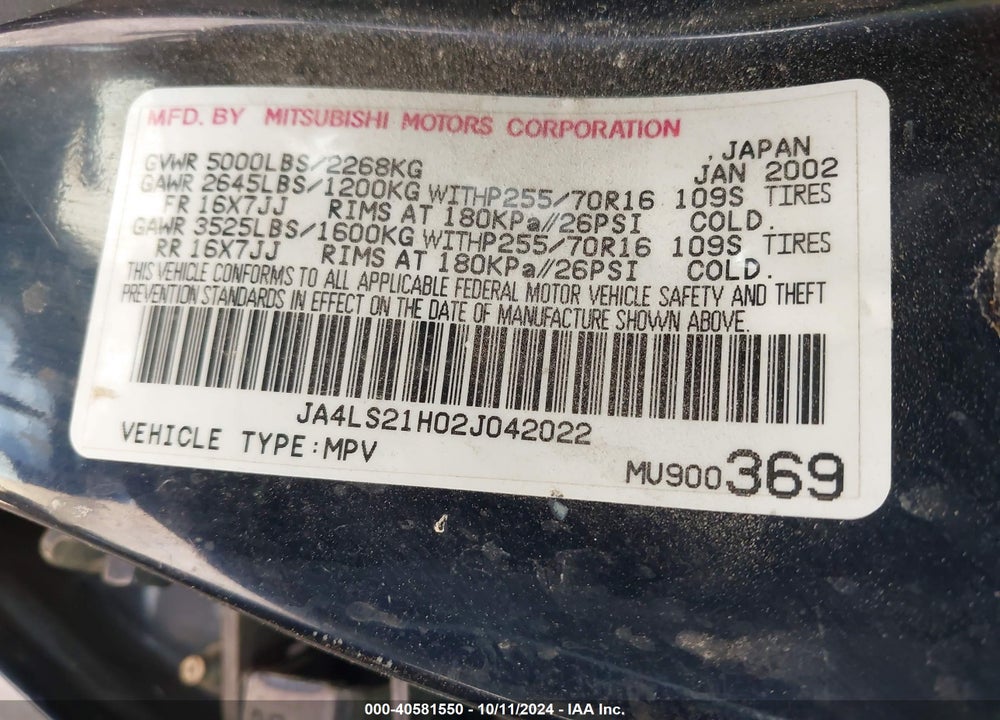 2002 MITSUBISHI MONTERO SPORT ES/LS VIN: JA4LS21H02J042022