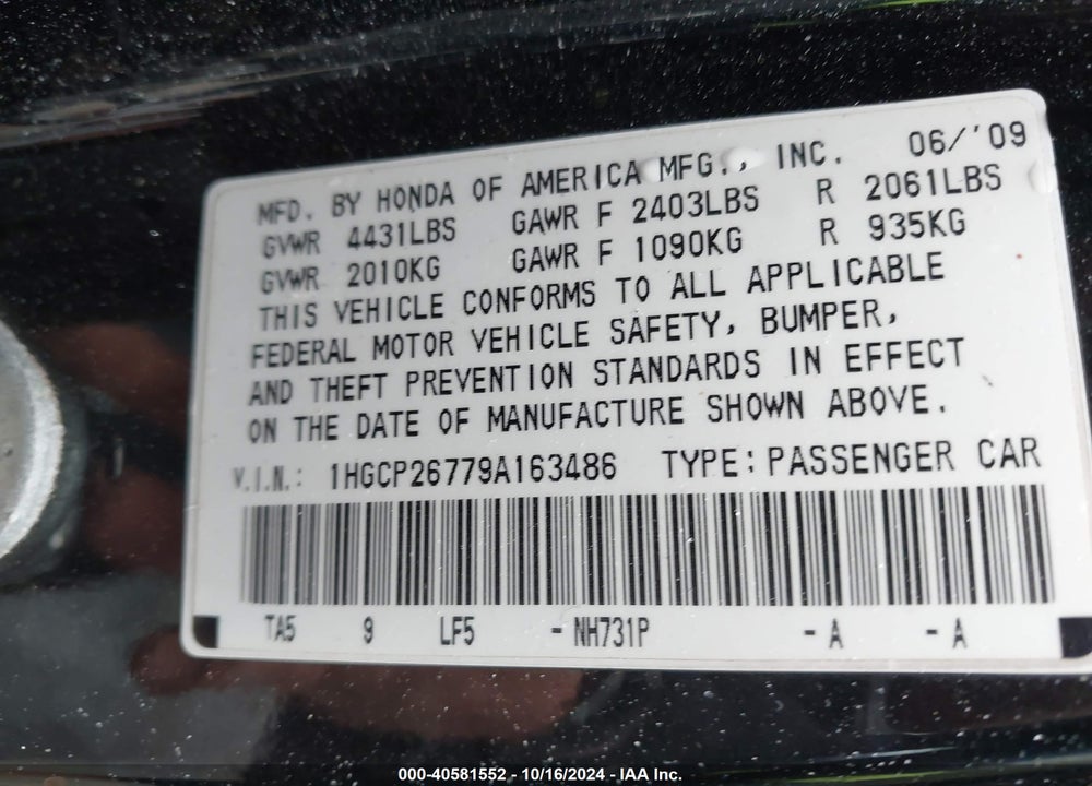 2009 HONDA ACCORD 2.4 EX VIN: 1HGCP26779A163486