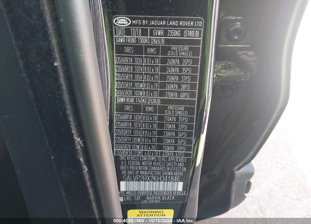 2019 LAND ROVER RANGE ROVER EVOQUE SE/SE PREMIUM VIN: SALVP2RX2KH341846
