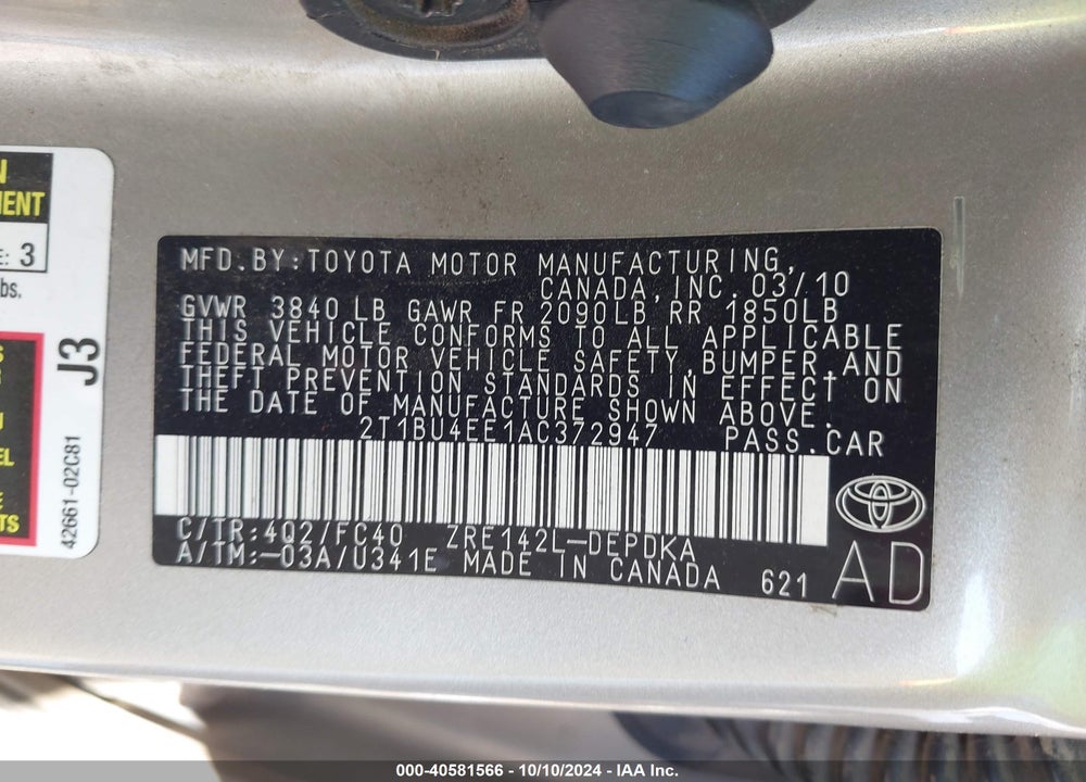 2010 TOYOTA COROLLA LE VIN: 2T1BU4EE1AC372947