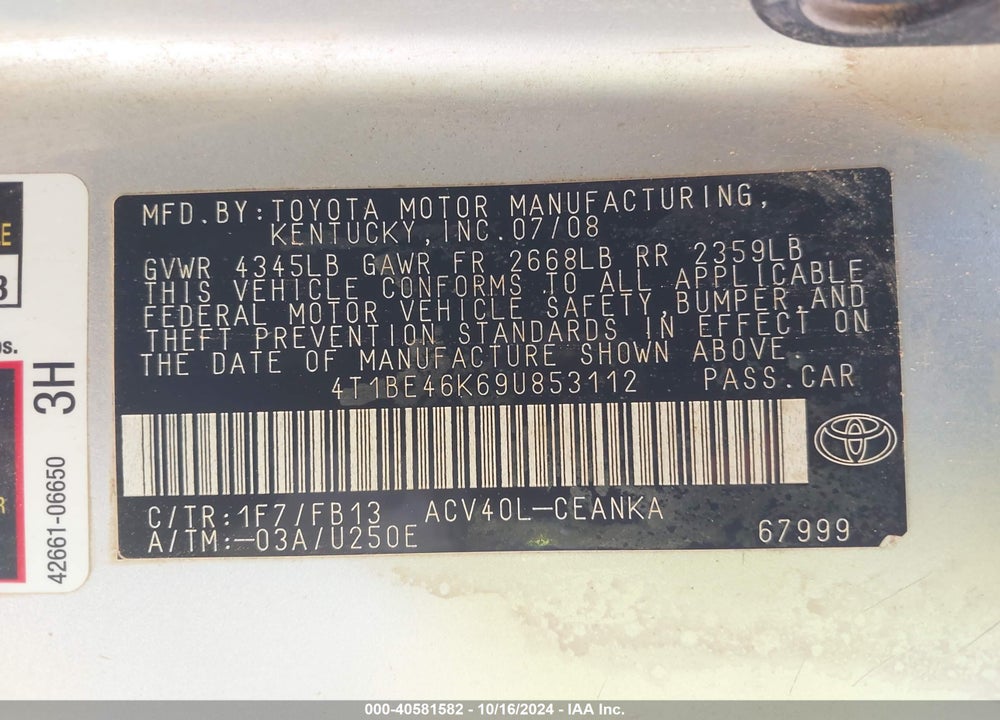 2009 TOYOTA CAMRY LE VIN: 4T1BE46K69U853112