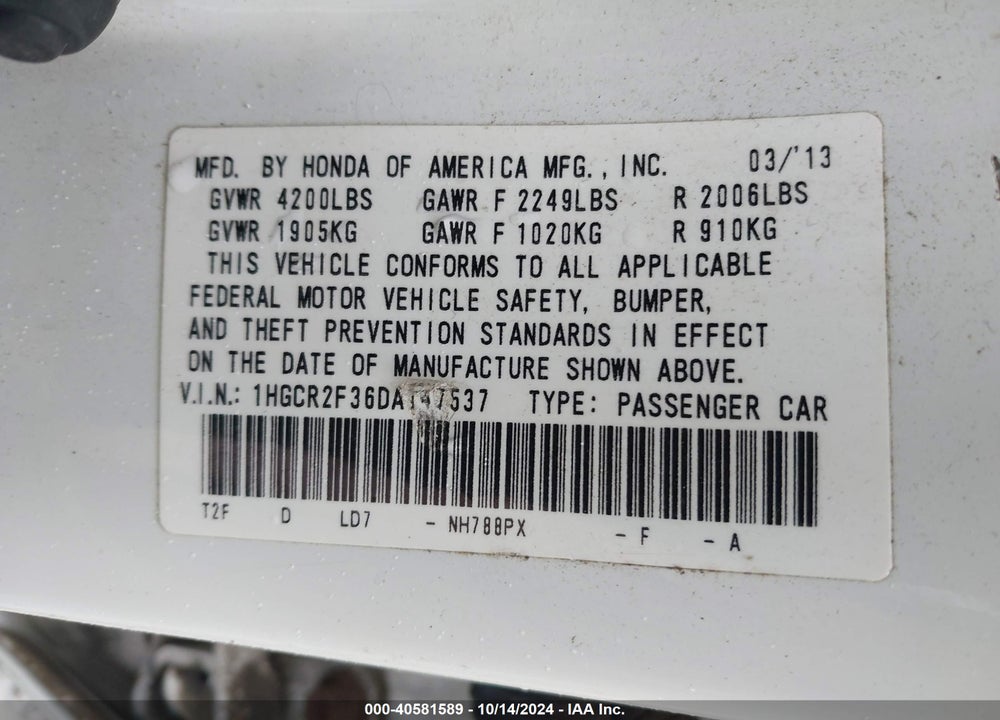 2013 HONDA ACCORD LX VIN: 1HGCR2F36DA147537