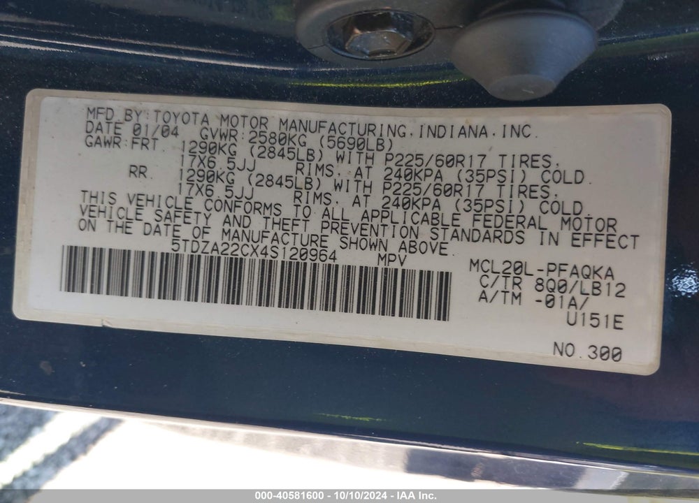 2004 TOYOTA SIENNA XLE LIMITED VIN: 5TDZA22CX4S120964