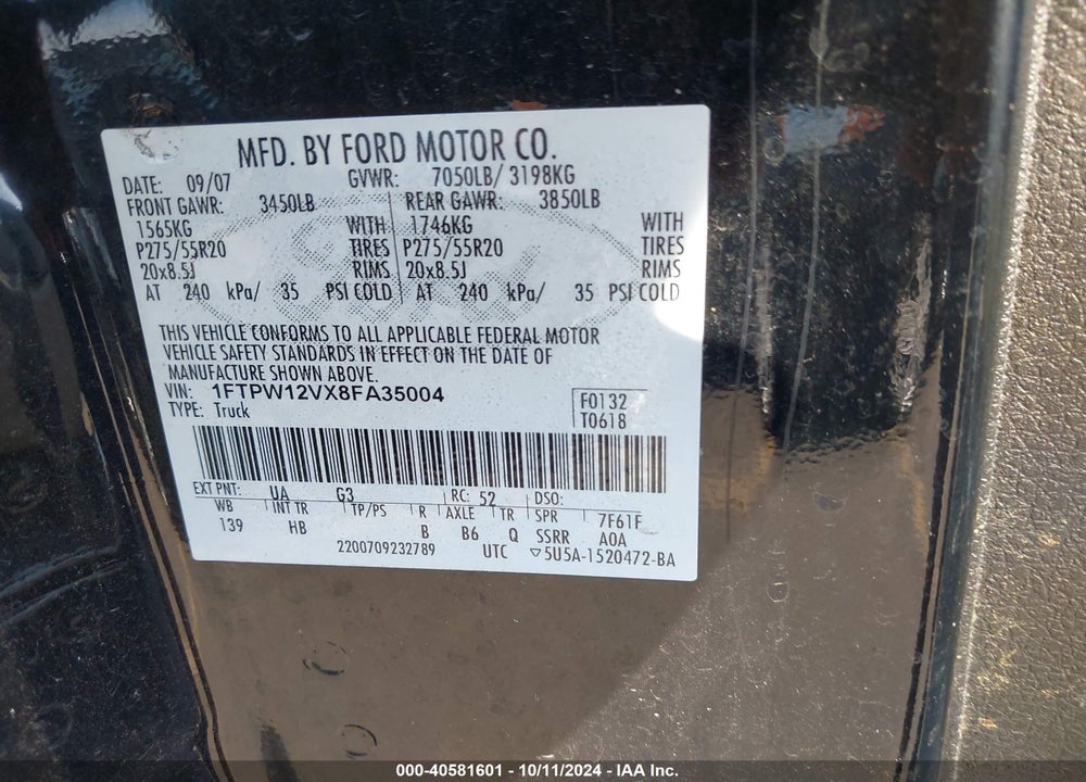 2008 FORD F-150 60TH ANNIVERSARY/FX2/KING RANCH/LARIAT/XLT VIN: 1FTPW12VX8FA35004