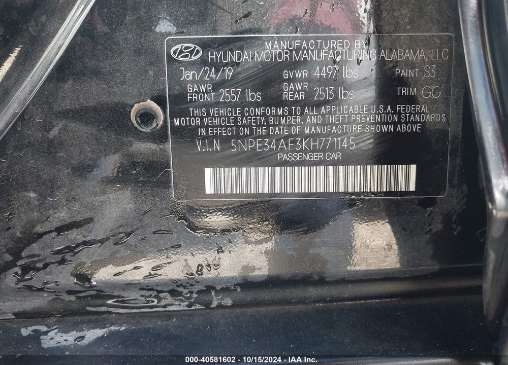 2019 HYUNDAI SONATA SEL VIN: 5NPE34AF3KH771145