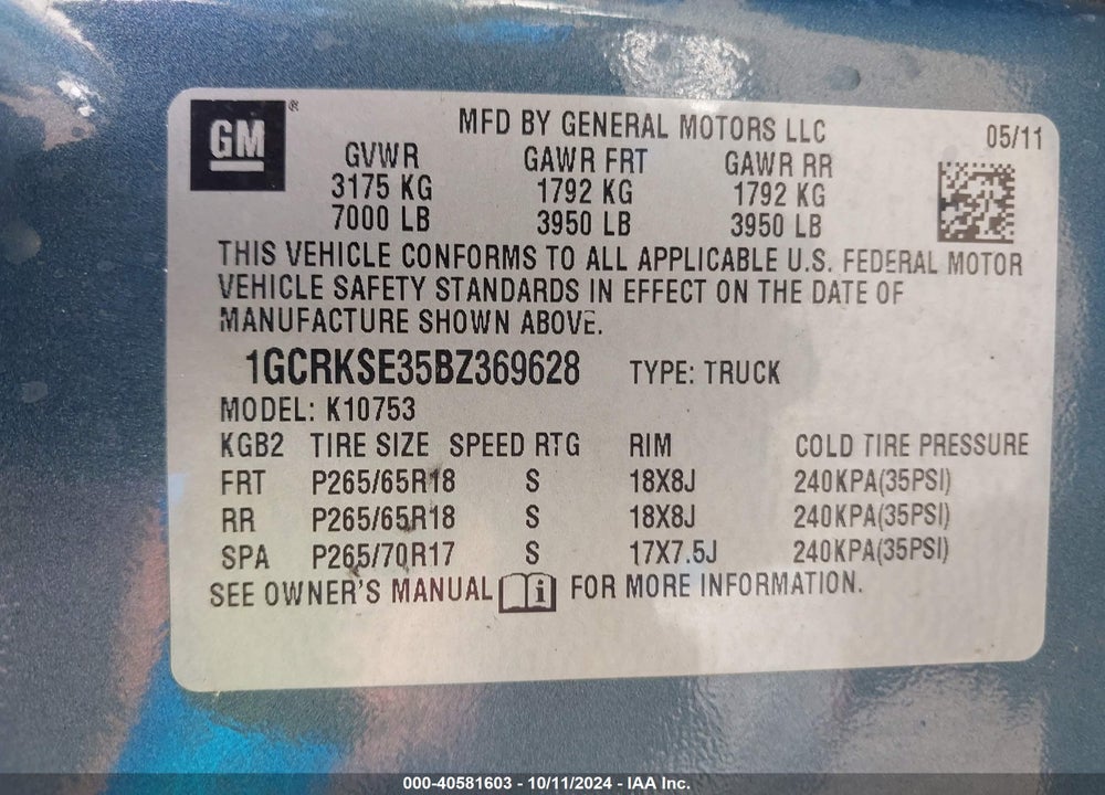 2011 CHEVROLET SILVERADO 1500 LT VIN: 1GCRKSE35BZ369628