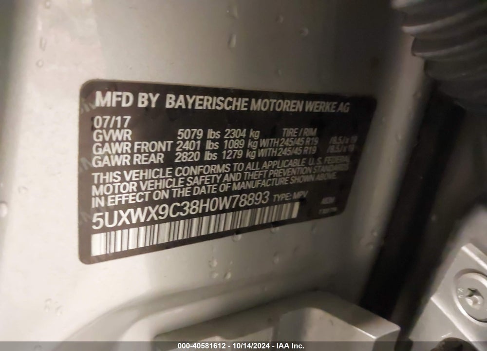 2017 BMW X3 XDRIVE28I VIN: 5UXWX9C38H0W78893