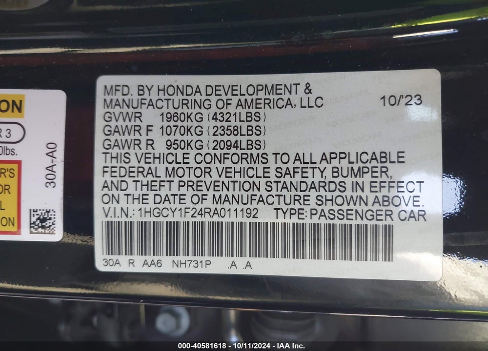 2024 HONDA ACCORD LX VIN: 1HGCY1F24RA011192
