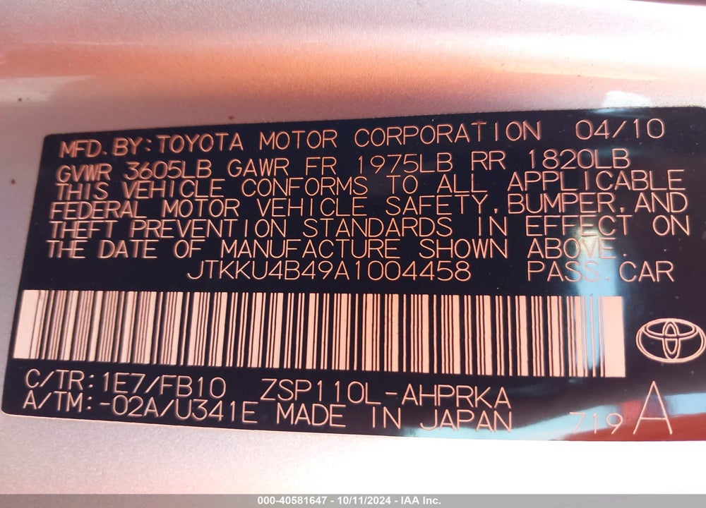 2010 SCION XD VIN: JTKKU4B49A1004458