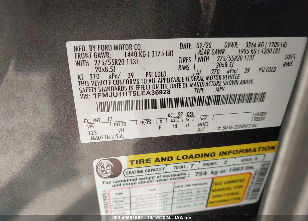 2020 FORD EXPEDITION XLT VIN: 1FMJU1HT5LEA36928