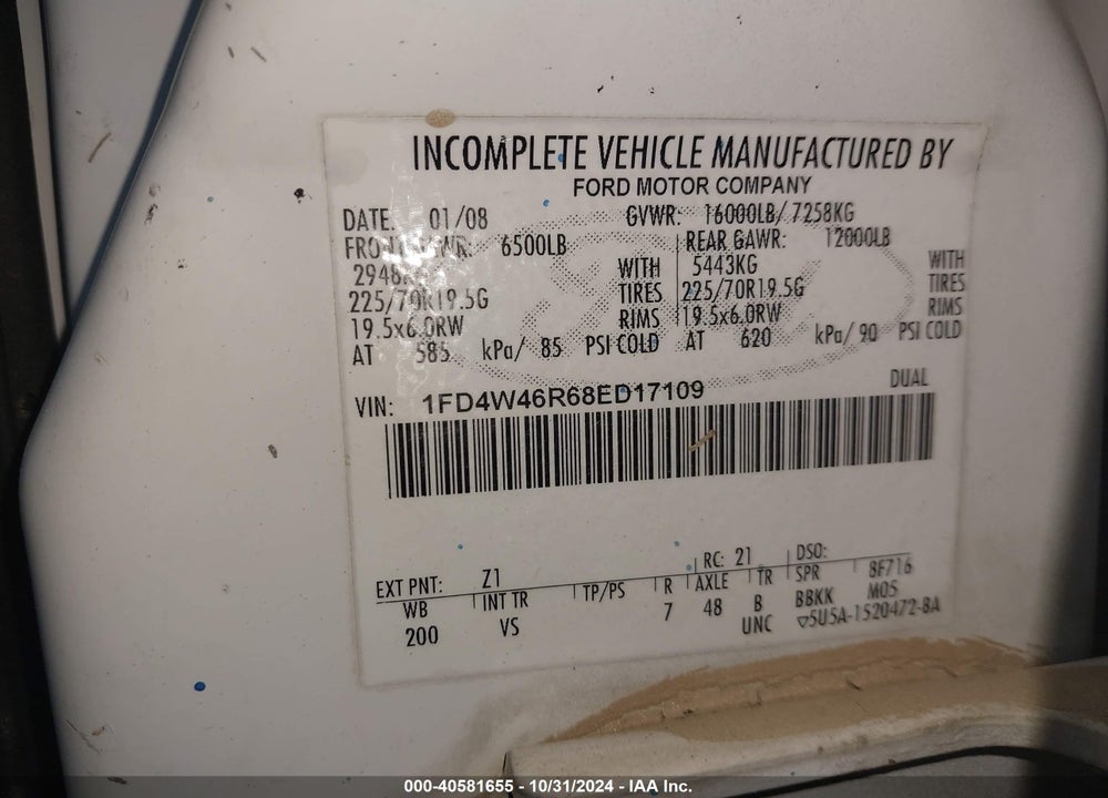 2008 FORD F-450 CHASSIS LARIAT/XL/XLT VIN: 1FD4W46R68ED17109